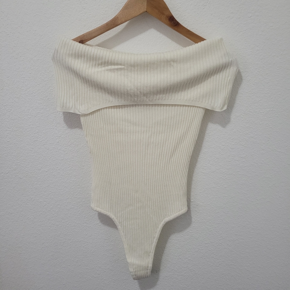 Free People Off-Shoulder Ribbed Cream Bodysuit